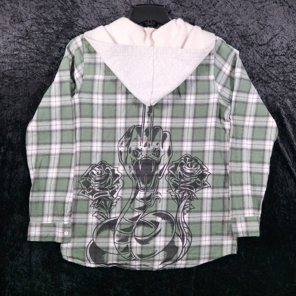 Broken Promises Green Plaid Hooded Flannel Snake Middle Finger Graphic Medium